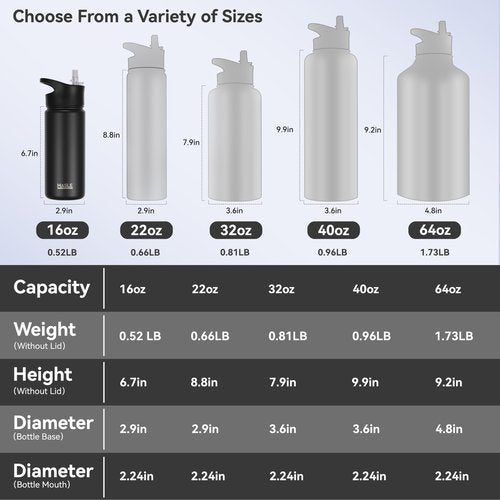HASLE OUTFITTERS Insulated Water Bottle 16 oz Double Wall Vacuum Stainless Steel Water Bottle Leak Proof Wide Mouth with Straw Lid & Spout Lid Keeps Cold and Hot(Black,1pack)