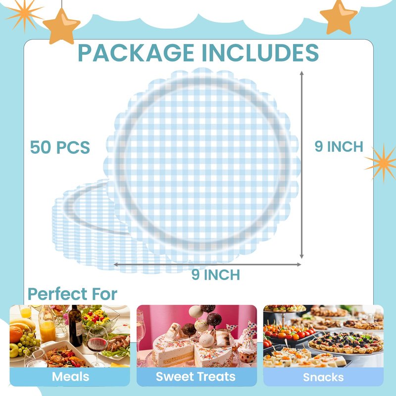 WRXVVTSV 50PCS Baby Blue Gingham Disposable Paper Dinner Plates 9 Inch Scalloped Edge for Baby Shower Gender Reveal or Gingham Party Supplies