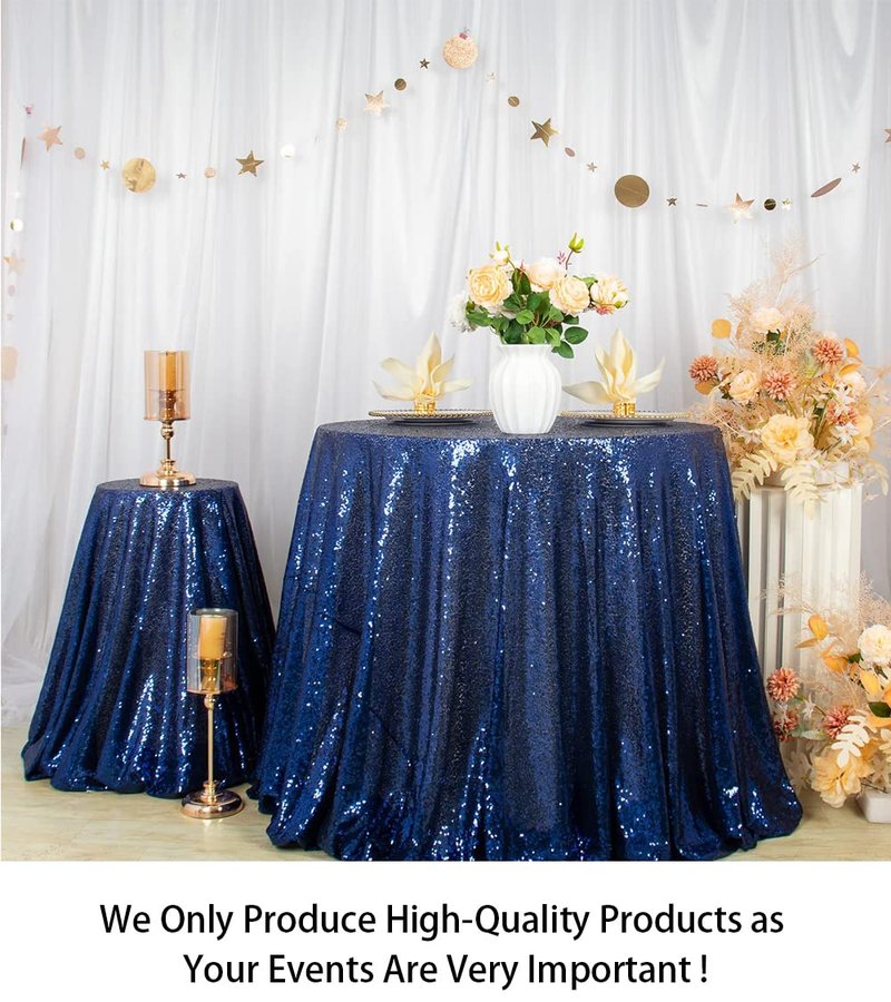 ShiDianYi 120-Inch Round Sequin Tablecloth, Navy Blue Sparkle Table Cover for Banquets, Weddings, Parties & Baby Showers - Elegant Glittering Round Table Overlay