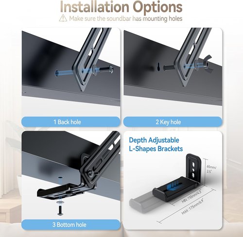 C YECEN Sound Bar Mount - Adjustable Height & Depth with Detachable Extension Arms | Fits Under or Above TV