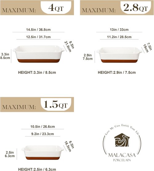 MALACASA Casserole Dishes Set of 3 - Ceramic Baking Pans with Handles | Rectangular Khaki White (14.5''/13''/10.5'')