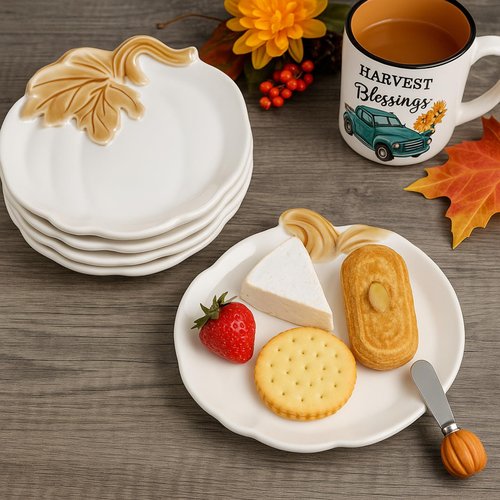 FillTouch 4 Pcs 5.91'' Ceramic Pumpkin Plates Fall Thanksgiving Candy Dishes Platters Harvest Serving Bowl for Thanksgiving Halloween Autumn Party Supplies Dinnerware