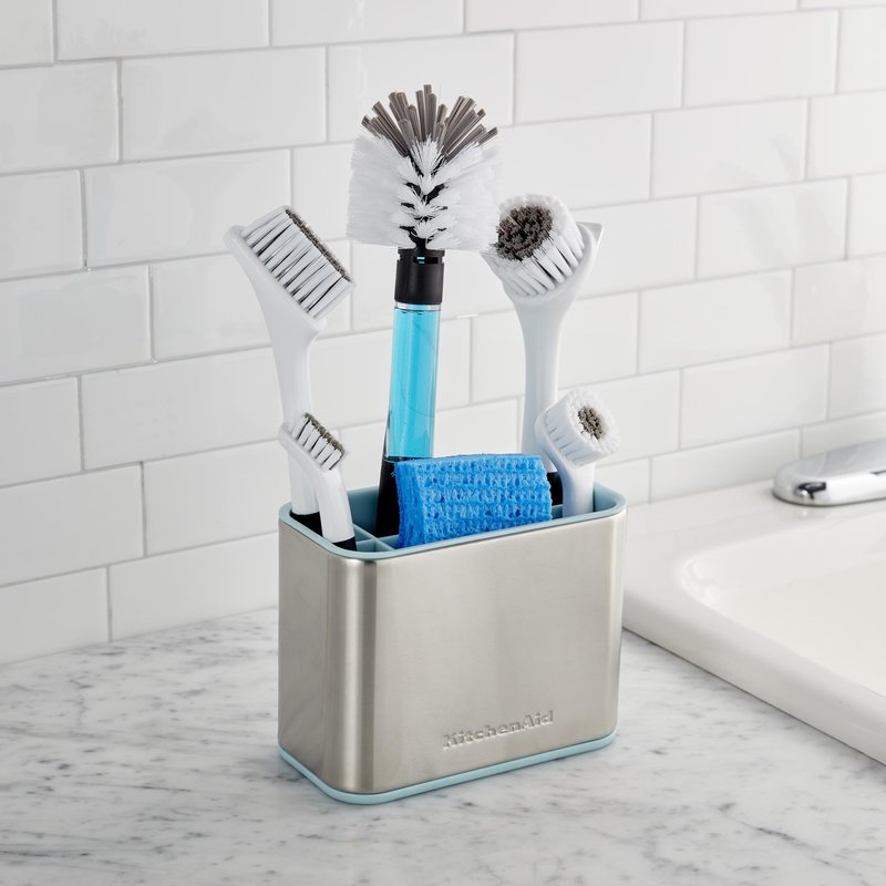 KitchenAid Multi Compartment Sink Brush and Sponge Caddy with Perforation for Quick Air Drying, 3.25 x 4.78 x 6.25 Inch, Mineral Water