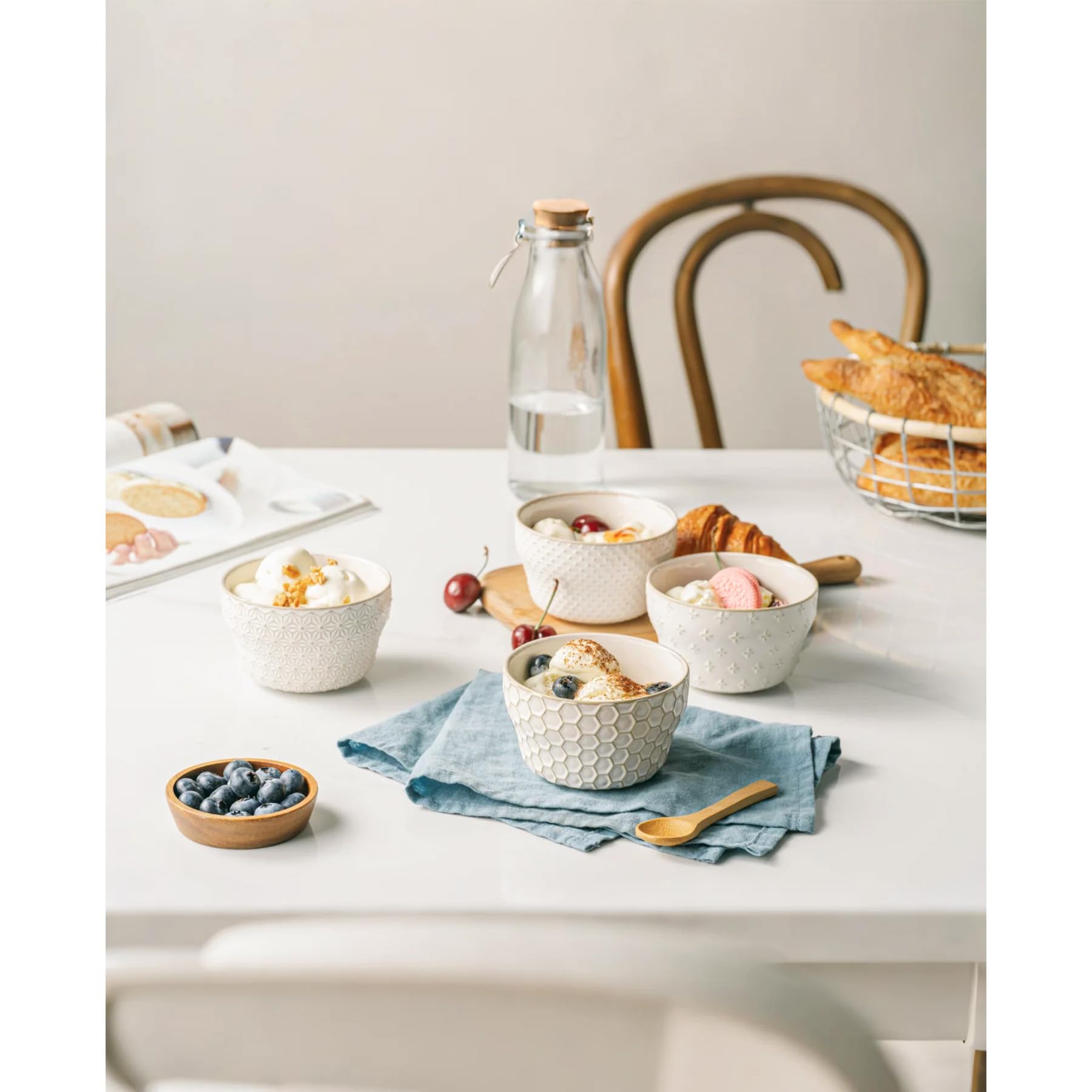 MIKIGEY Embossed Ice Cream Bowls, 8 oz Ceramic Dessert Cups - Dessert Bowls Set of 4, Small Ceramic Bowls for Chili Dipping Sauce Coffee Party Fruit, Off-White