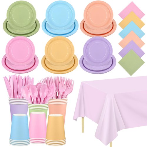 Kochorie 169 Pieces Pastel Party Supplies Disposable Dinnerware Set Include Plates and Cups Napkins Plastic Forks Knives Spoons Tablecloth for Wedding Birthday Party Decorations, Serve 24 Guests