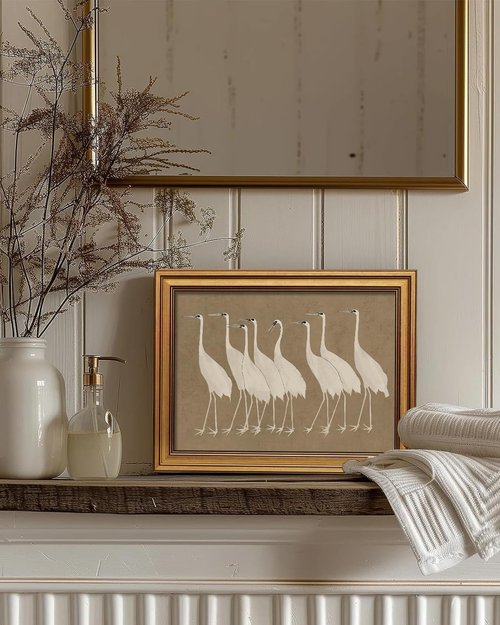 InSimSea Gold Framed Canvas Prints - Vintage Crane Wall Art for Bathroom & Living Room | 12x16 Inch