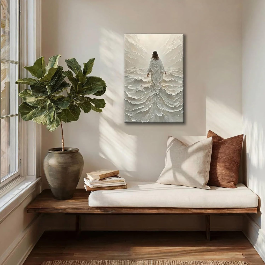 Regine Switzerland Abstract Jesus Walking on Water Canvas Art - Modern Religious Wall Decor 16x24 In