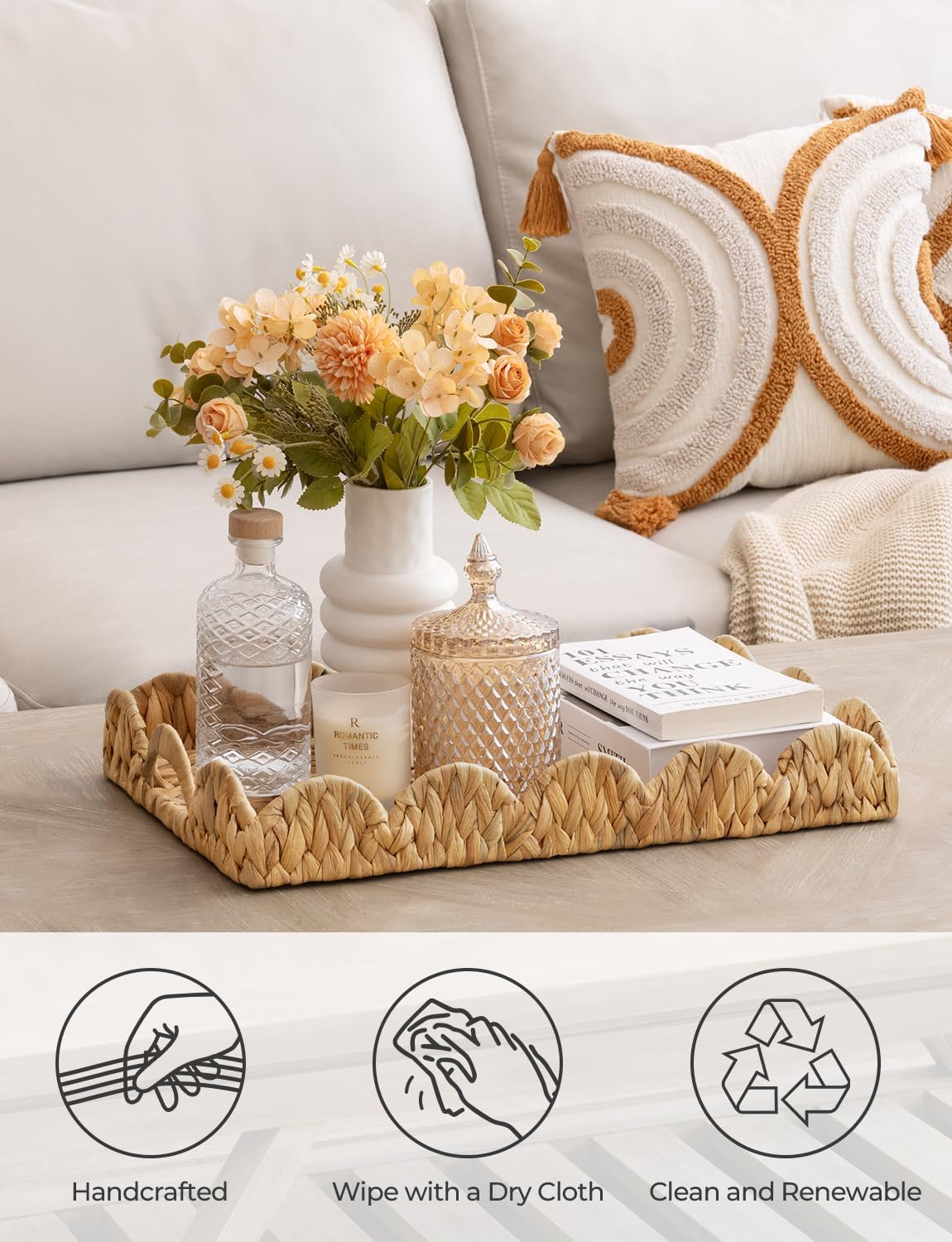StorageWorks Wicker Serving Tray - Hand-Woven Scalloped Edge Design with Built-in Handles | Natural Water Hyacinth, Large Rectangle