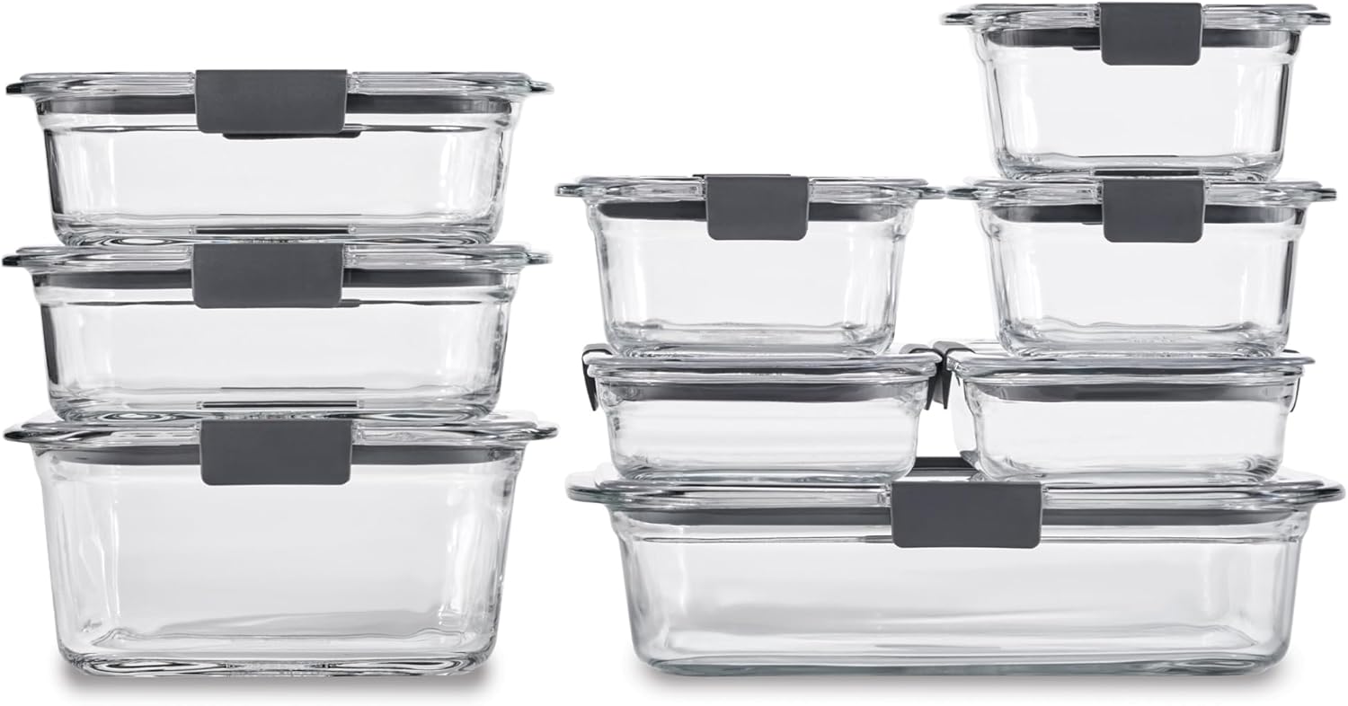 Rubbermaid Brilliance Glass Food Storage Containers - Leak-Proof, BPA-Free, Set of 9, Clear