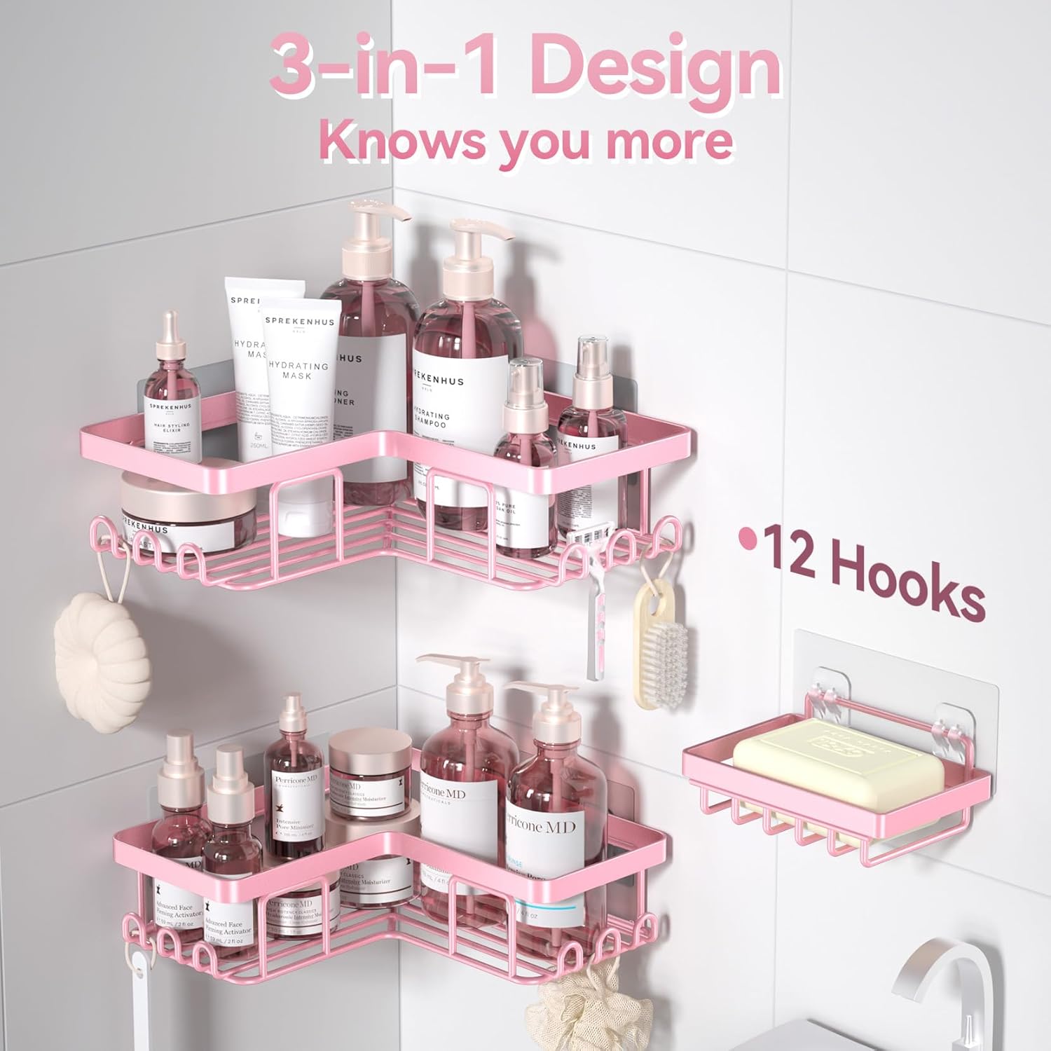 YASONIC Corner Shower Caddy - Rustproof Stainless Steel Organizer with Soap Holder & 12 Hooks | Pink, 3-Pack