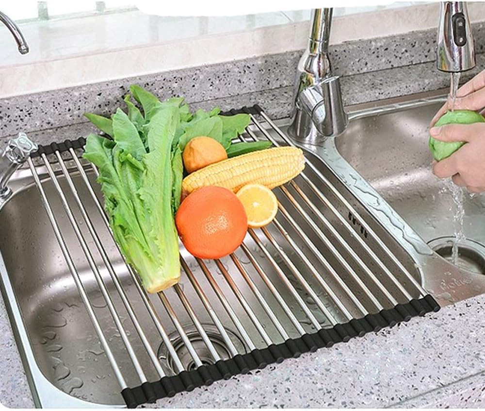 Skiennix Roll-Up Dish Drying Rack - 304 Stainless Steel, Foldable & Easy to Store | 17" x 13.5" - Black