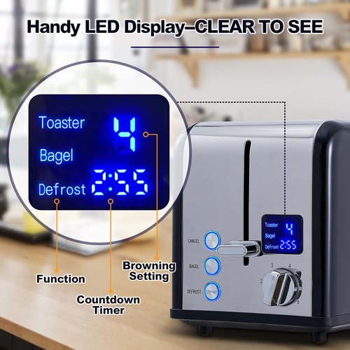 CUSIMAX Stainless Steel 2 Slice Toaster with LED Display, Extra-wide Slots, 6 Browning Settings, Cancel/Bagel/Defrost, Removable Crumb Tray, Black