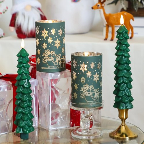 Lezonic Flameless Christmas Candles - Remote-Controlled Green Tree Flickering LED Set of 4