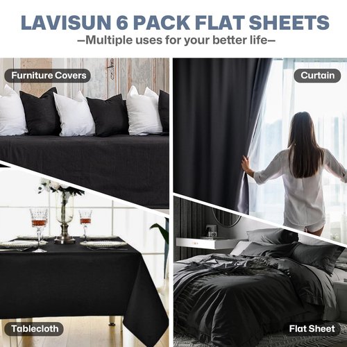 Lavisun Flat Sheets only,6 Pack Bulk Top Sheets for Massage Table, Home, Dorm Bed Sheet & Curtain,Soft & Breathable Bed Sheets (California King, Black)