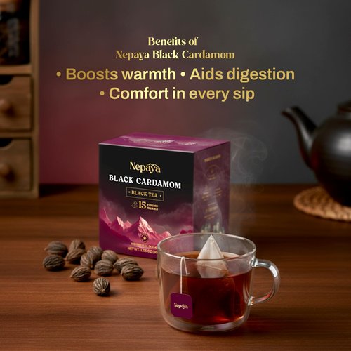 Nepaya Black Cardamom Black Tea Bags – 15 Pyramid Tea Bags, Robust & Smoky, High Caffeine, Biodegradable, Himalayan Whole-Leaf Tea, Coffee Replacement