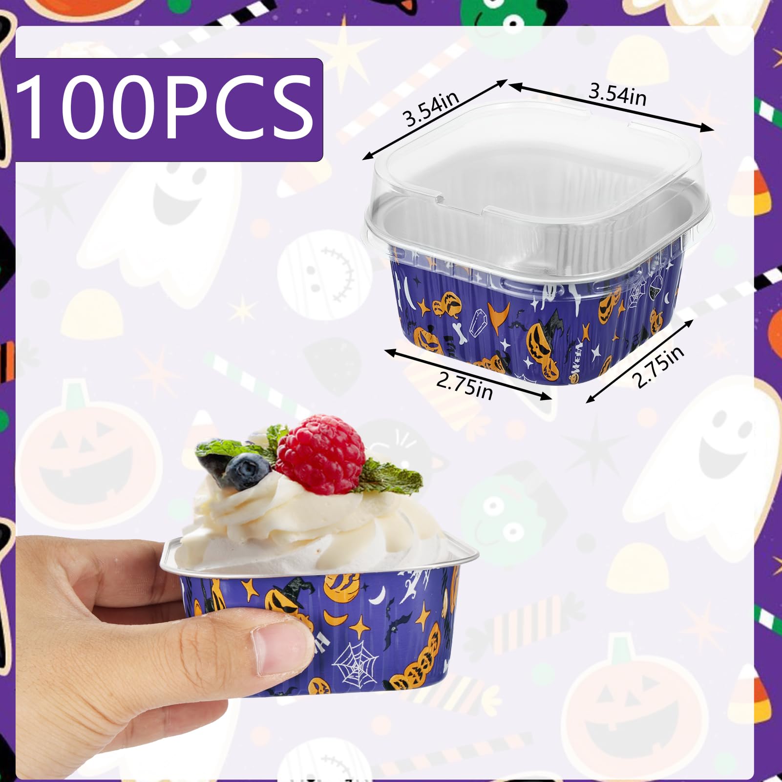 100Pcs Halloween Mini Disposable Cake Pans with Lids, Aluminum Foil Square Baking Cups Pie Tin Tart Pans Ramekins Browni Baking Cups Dessert Cups for Halloween Party,5oz