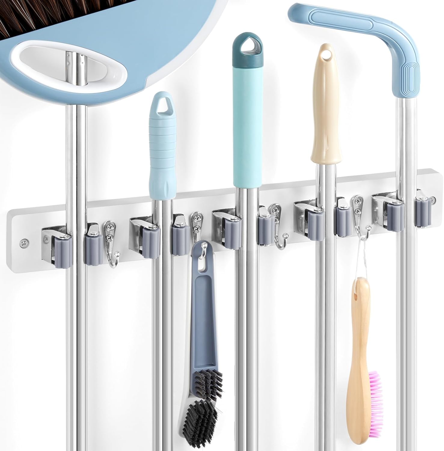 White Broom Holder Wall Mount - Heavy-Duty Wood Organizer with 5 Slots & 4 Hooks | Ideal for Laundry, Kitchen & Garage Storage