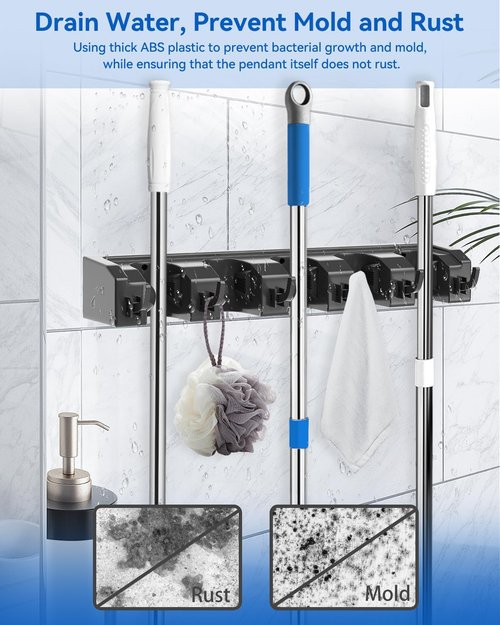 AceMining Broom Holder - Wall Mounted Mop Storage with 5 Holders & 6 Hooks | Durable ABS Plastic, Black