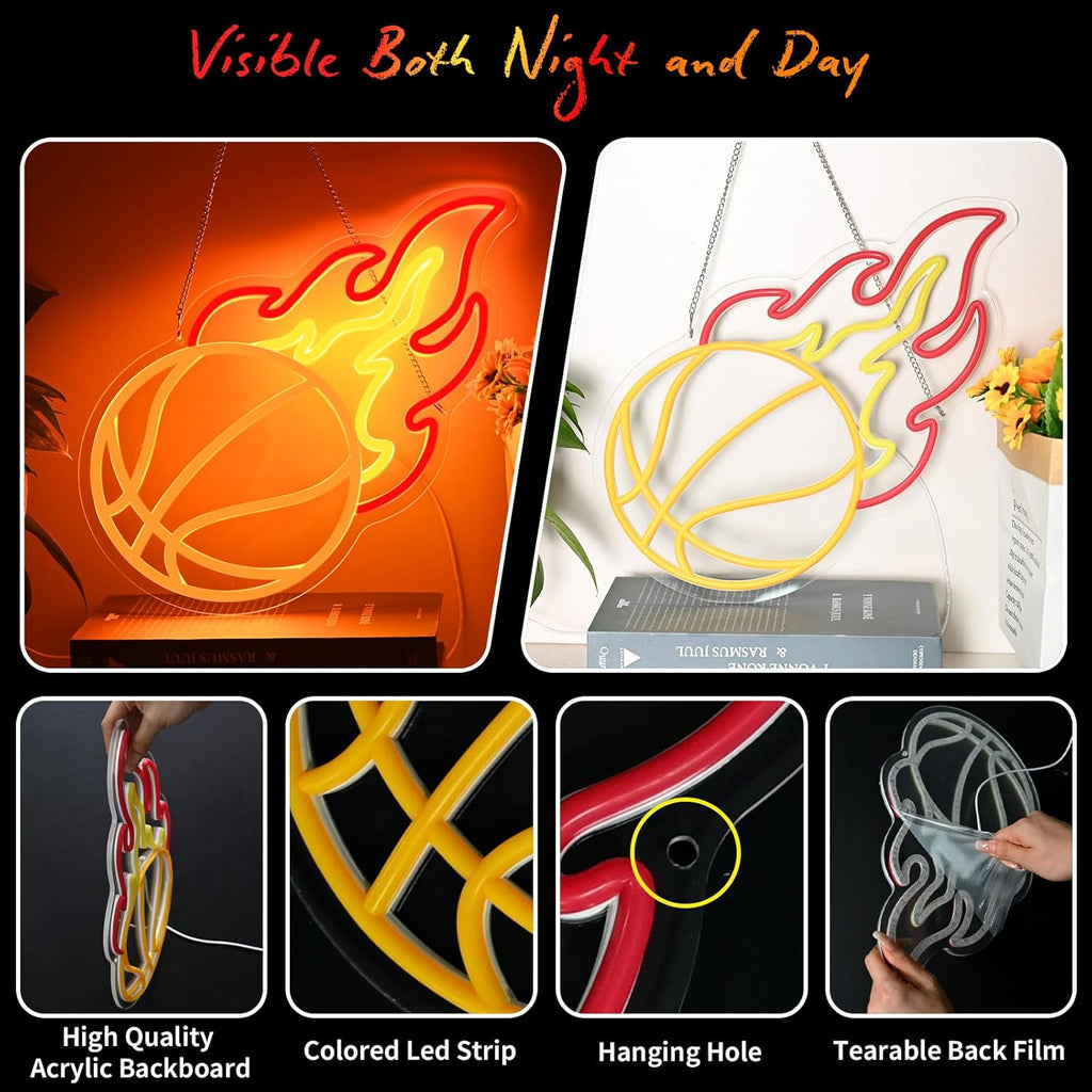 Skiennix Basketball Neon Sign - Dimmable LED Flame Light for Boys' Bedroom Decor | Orange & Red