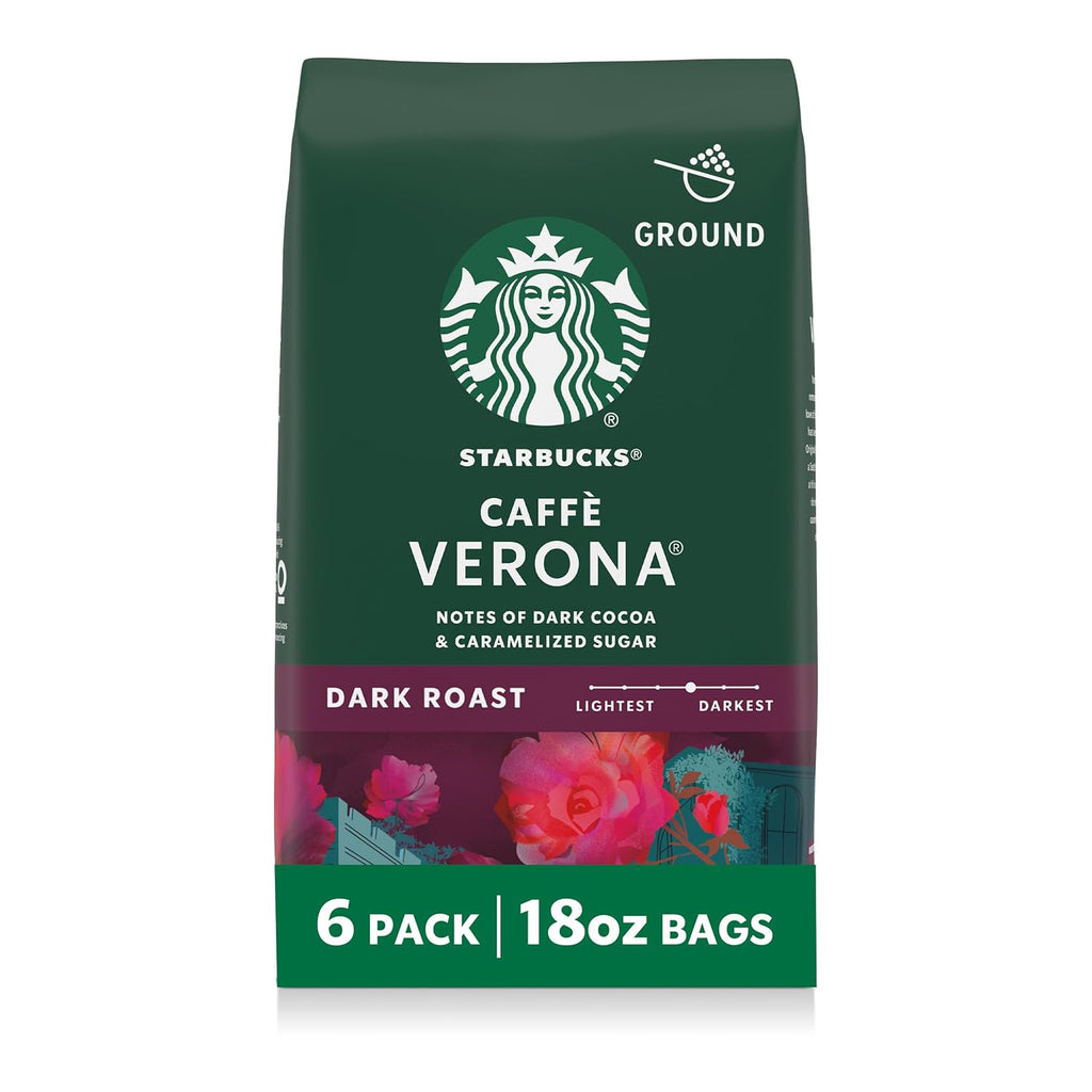 Starbucks Ground Coffee - Dark Roast Caffè Verona for Hot or Iced Coffee | Six 18 oz Bags