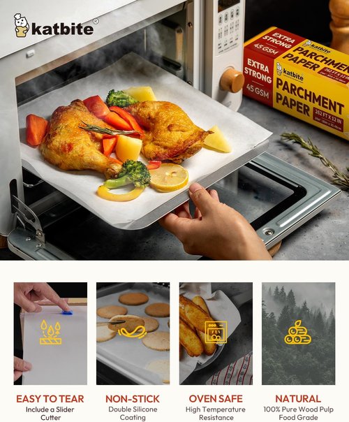 Katbite Heavy Duty Parchment Paper Roll - 12" x 262 ft Non-Stick Baking Paper for Cooking & Grilling