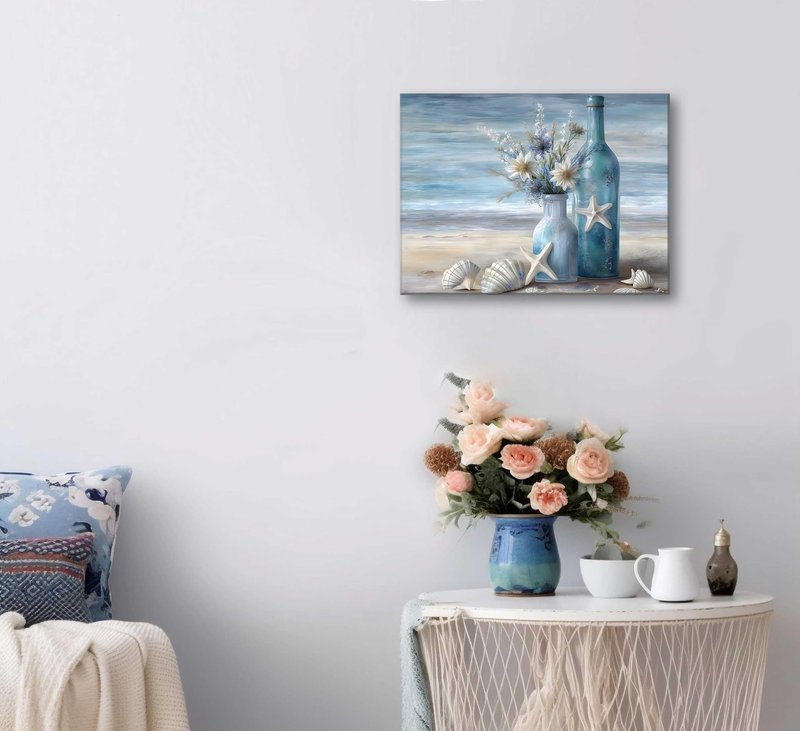 Blue Beach Ocean Flower Canva Wall Art Coastal Seascape Floral Vase Poster Picture Starfish Conch Theme Painting Rustic Shell Print for Bedroom Living Room Office Wall Decor Framed