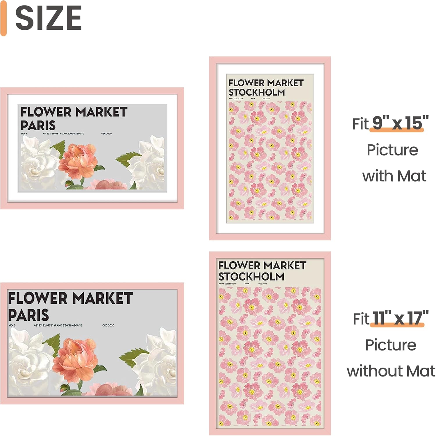 Upsimples 11x17 Picture Frame - Versatile Wall Hanging for 9x15 or 11x17 Photos - Pink, 1 Pack