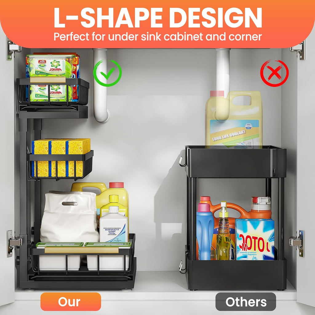 Under Sink Organizer - 2 Pack 3-Tier Pull-Out Shelf for Bathroom & Kitchen Storage | Slide-Out Drawer Solution
