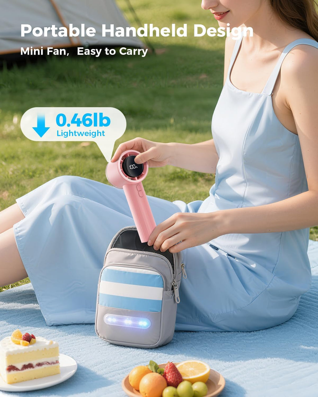 Sweetfull Portable Handheld Fan - Rechargeable Mini Turbo Fan with Flashlight & Digital Display (Pink)