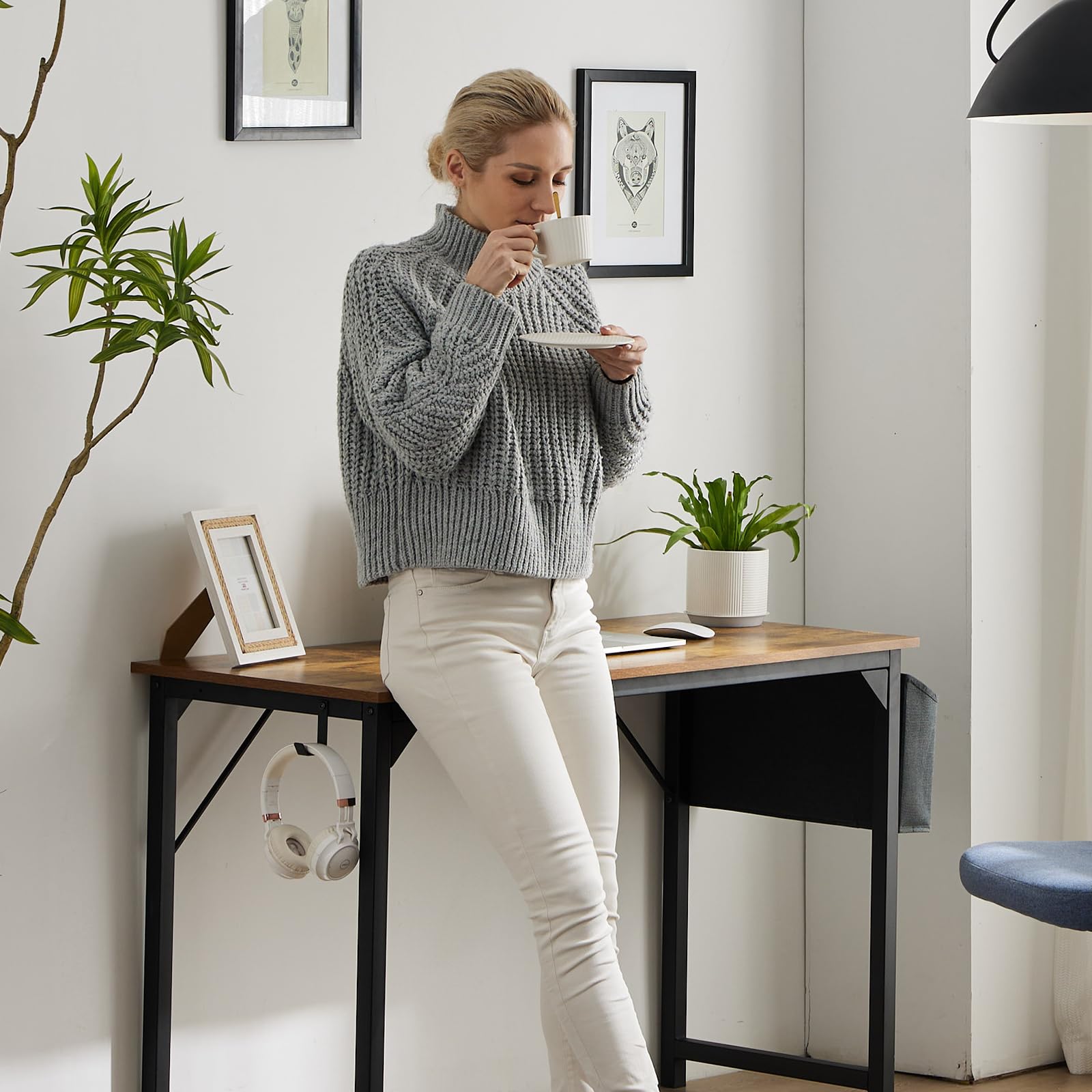 OLIXIS Computer Office Desk, 48 Inch Writing Work Study PC Wood Modern Desk with Storage Bag & Headphone Hook Simple Bedroom for 2 Person Kids Student Table, Rustic Brown