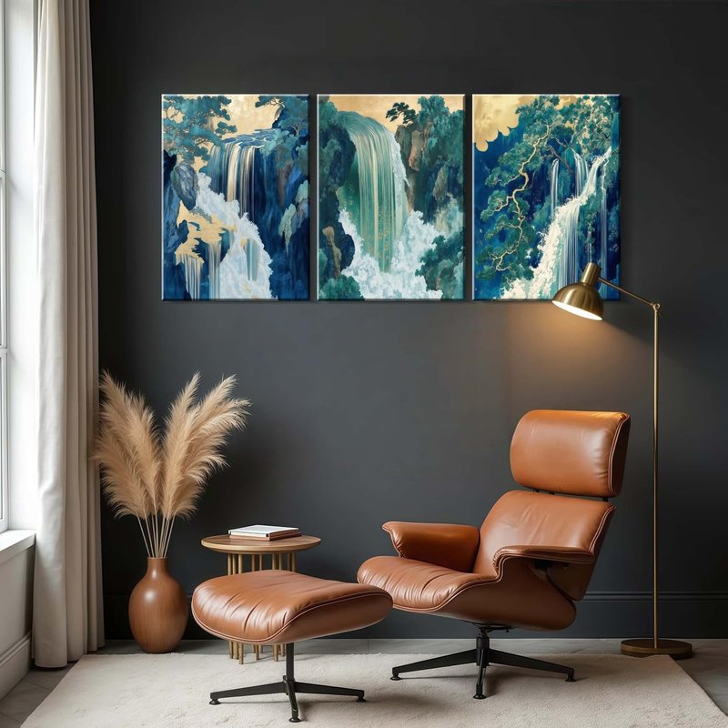 Framed Japanese Waterfall Canvas Wall Art Japanese Style Triptych Painting Nature Scenery Poster Print Oriental Gallery Style Decorative Painting Living Room Bedroom 16×24 Inch Ready to Hang