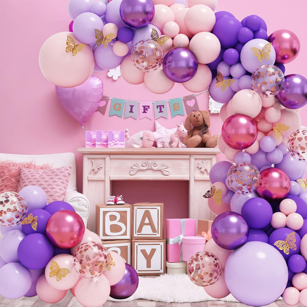 RUBFAC 143-Piece Pink & Purple Balloon Garland Kit - Butterfly Decorations for Baby Showers & Parties