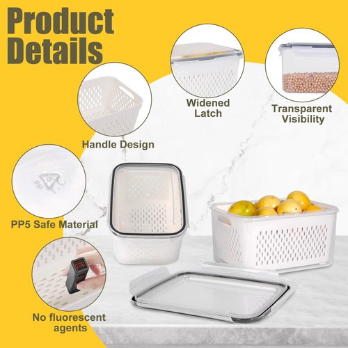Aagglly 15 PCS Fruit Storage Containers for Fridge with 5 Airtight Lids,5 Removable Colander,5 Food Storage Container,Produce Saver Container Dishwasher Safe Keep Berry Fruit Vegetable Fresh Longer