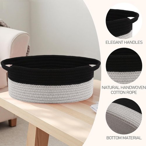 JMvicyroam Woven Basket - Small Rope Storage Bin with Handles | Stylish Organizer for Shelves & Closets - Black & Grey