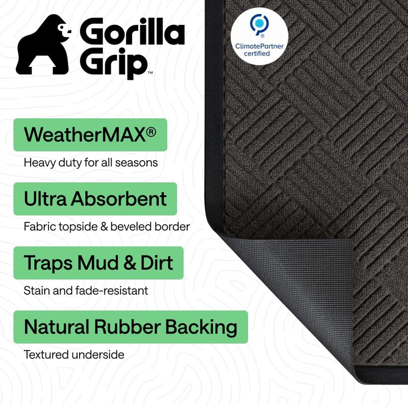 GORILLA GRIP 100% Waterproof All-Season WeatherMAX Doormat, 47x35, US Designed Natural Rubber, Stain and Fade Resistant, Low Profile Indoor Outdoor Door Mats, Easy Clean Patio Mat, Gray Diamond