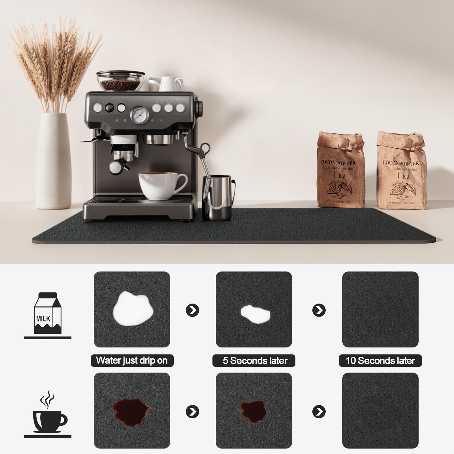 Ecotrim - Dish Drying Mat for Kitchen Counter | Coffee Bar Mat for Countertops | Heat Resistant Drainer Mat with Non-slip Rubber Backed | Hide Stain Kitchen Absorbent Draining Mat | Black 16"x20"