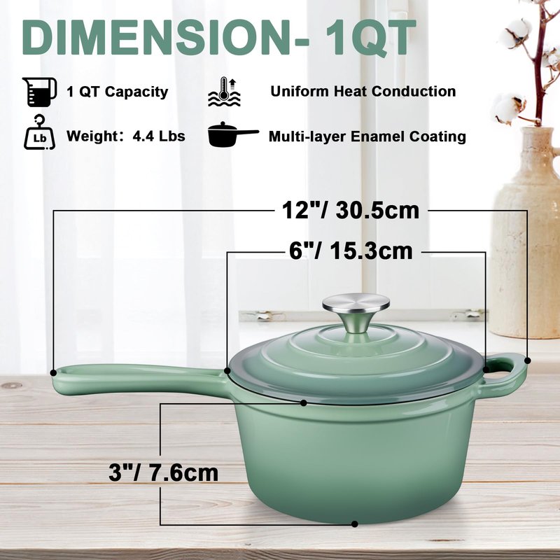 Enameled Cast Iron Sauce Pan with Lid, Leonyo 1 Quart Saucepan with Lid, Enamel Cast Iron Dutch Oven Kitchen Cookware for All Cooktops Cooking Soup, Milk - Up to 500°F & 4.4Lbs, Pistachio Green