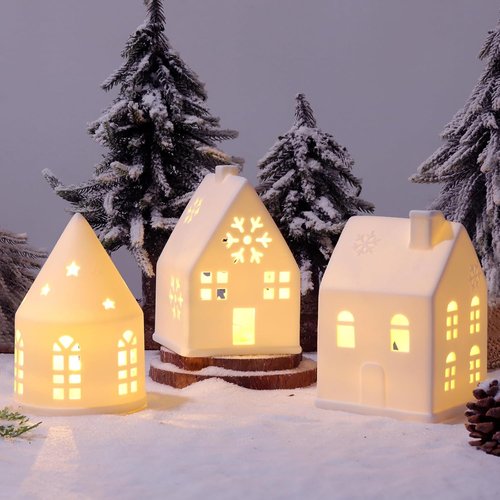 Christmas Village Sets - 3-Piece White Christmas Decorations | Rustic Farmhouse Decor for Home