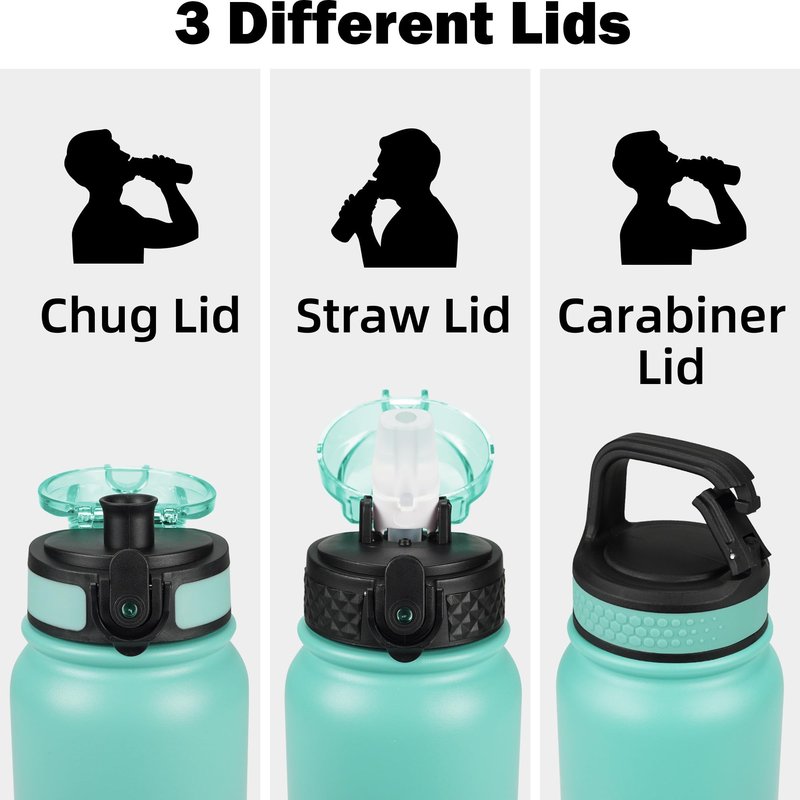 Oldley Insulated Water Bottle 20oz for Adults Kids Stainless Steel Water Bottles with Straw/Chug/Carabiner 3 Lids Fruit Strainer Double Wall Vacuum Wide Mouth BPA Free Leak-Proof for School Travel
