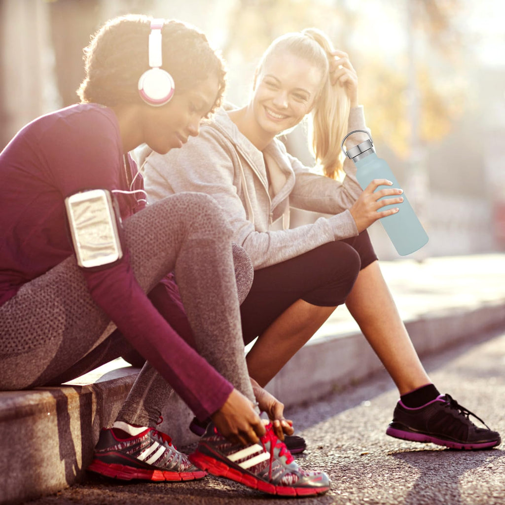 Volhoply 24oz Insulated Standard Mouth Water Bottle with Plastic & Stainless Steel Combination Lid Bulk 8 Pack, 304 18/8 Double Wall Vacuum Insulated Water Bottles, Reusable Metal Flask(Fog,8)