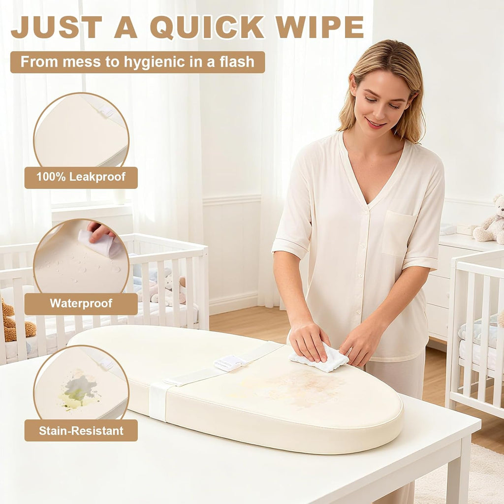 Regine Switzerland Baby Changing Pad - Waterproof PU Cover, Non-Slip Safety Belt, Portable Foam Mat | Beige