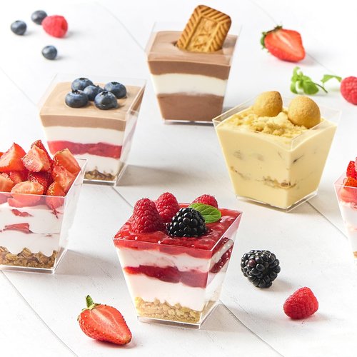 Zezzxu 7 oz Square Mini Dessert Cups with Spoons - 50 Pack Plastic Pudding & Parfait Cups Party Dessert Shooters for Serving Trifle Mousse Cake Appetizer Fruit