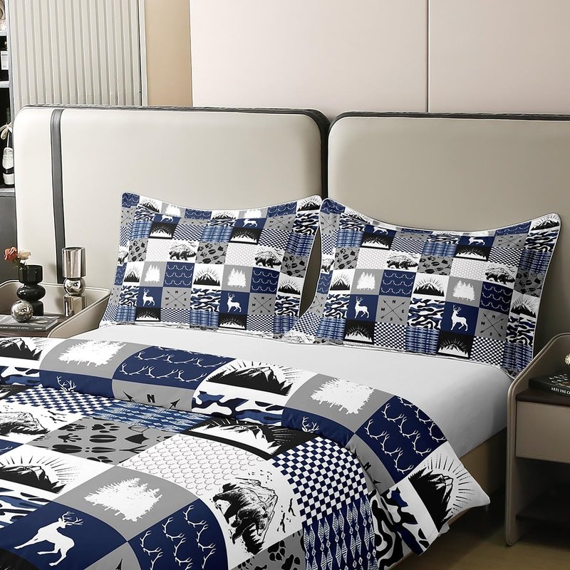 Rustic Farmhouse 100% Cotton Duvet Cover Twin, Retro Woodland Moose Comforter Cover, Country Bear Deer Patchwork Bedding Set, Hunting Wild Animal Plaid Adventure Quilt Cover for Bedroom, Blue Grey