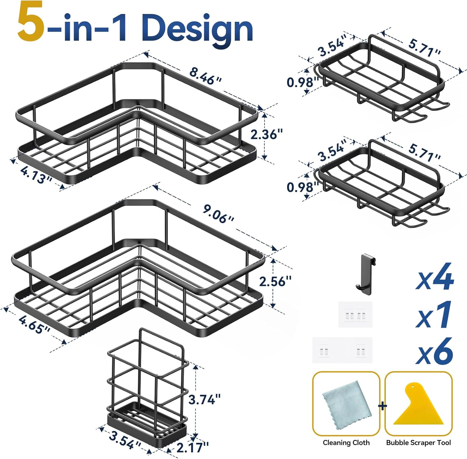YASONIC Corner Shower Caddy - 5-Pack Rustproof Stainless Steel Organizer with Soap Holder | No-Drill, Black
