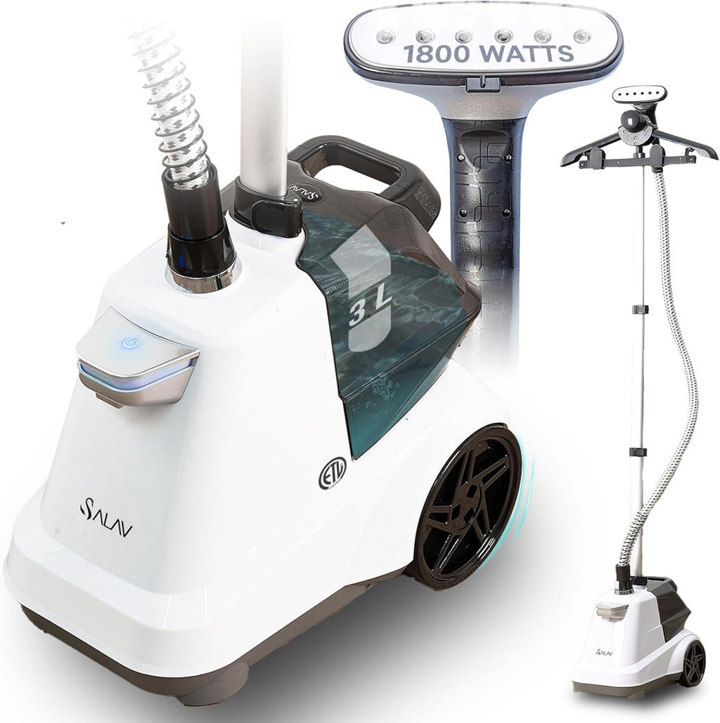 SALAV Heavy Duty Garment Steamer - 1800W with Foot Pedals & 3L Water Tank | 90+ Min Continuous Steam (White)
