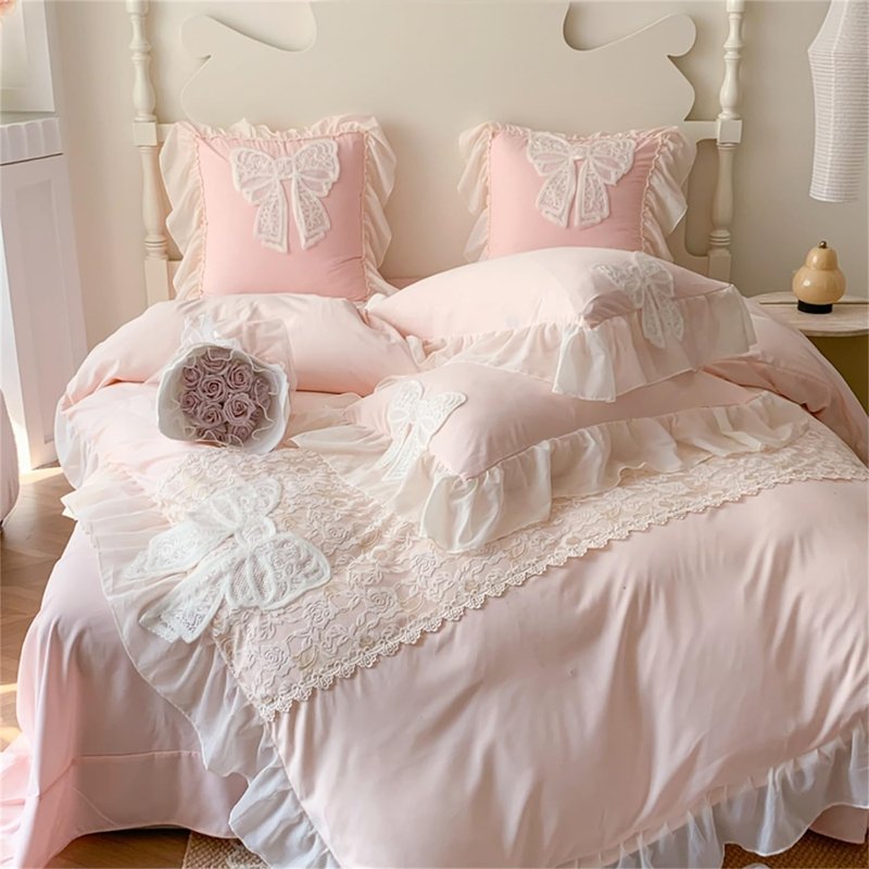 MOOWOO Chic Ruffle Lace Twin Duvet Cover Set-Bow Duvet Cover with Butterfly Tie-2 Piece Comforter Duvet Cover with Zipper Closure,Coquette Room Decor-Pink,Full Size