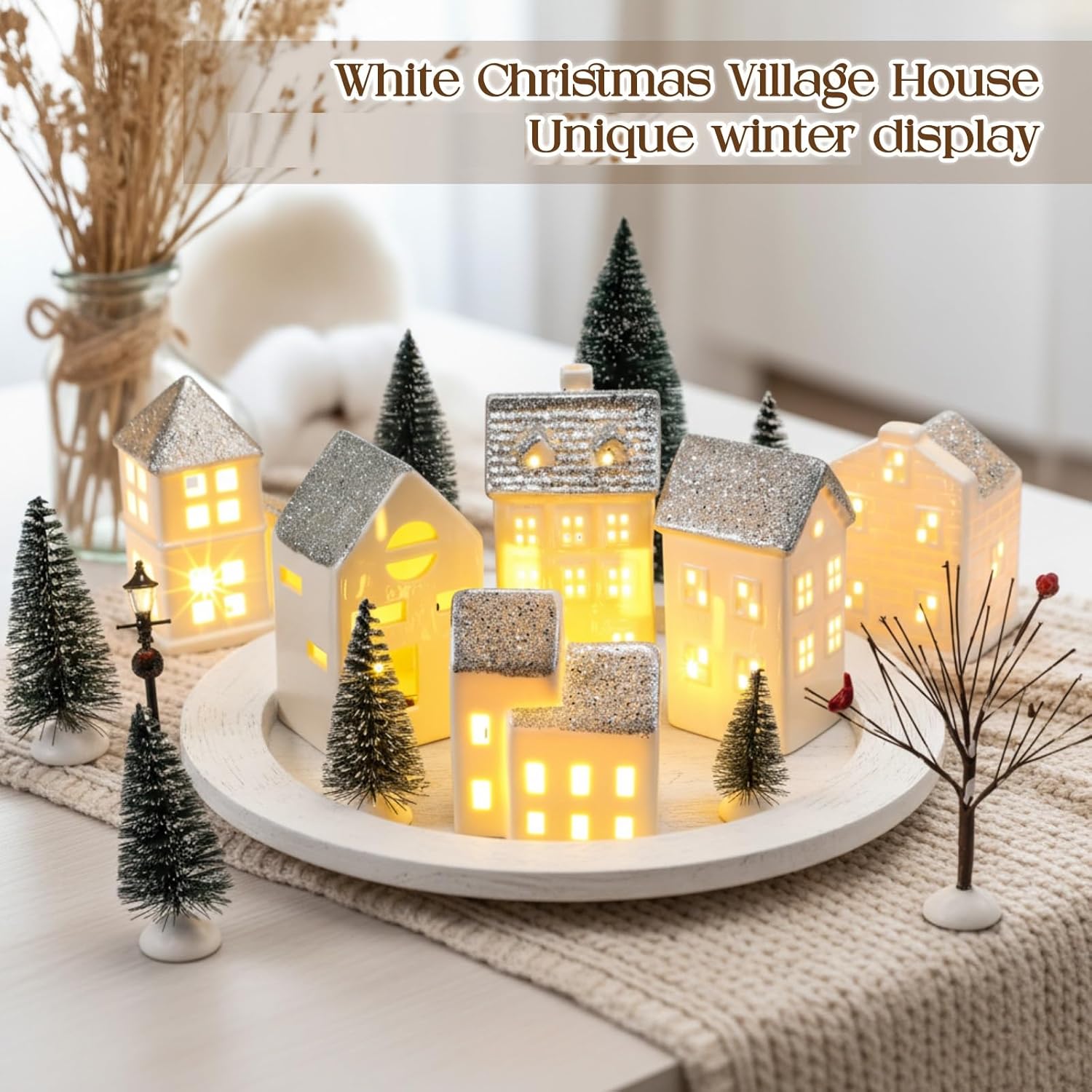 Zubebe Christmas Village Set - 30 Pcs LED Porcelain Holiday Houses | Silver Indoor Decor