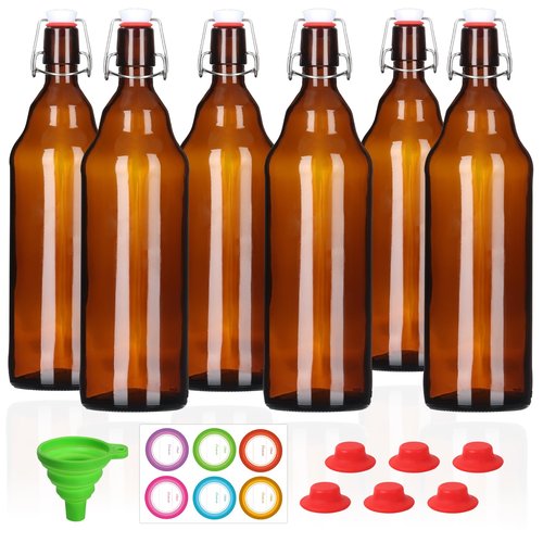 Miukada 6 Pack 32 oz Amber Swing Top Bottles, Flip Top Glass Beer Bottle with Airtight Lid for Home Brewing and Wine, Mead, Fermentation, Beverages, Kombucha