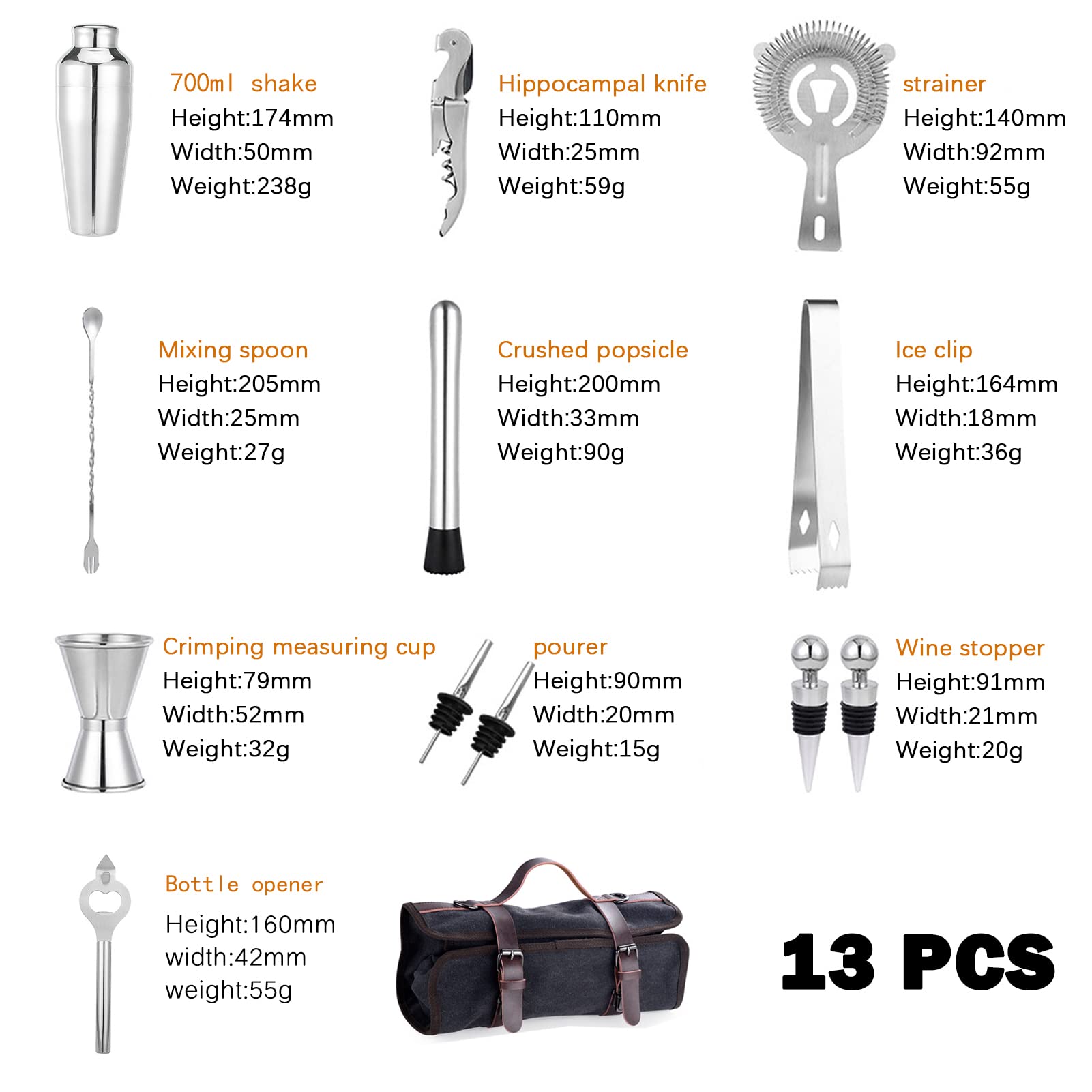 TREELF 13-Pieces Portable Bartender Bag Travel Bartender Bag Canavs Bar Kit Bag for Carrying Bar Tools Perfect Storage,Travel Bar Set for Home Cocktail Making, Work, Parties, Camping (Bag with Tools)