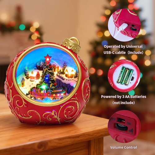 6.3" Animated Musical Christmas Village Figurines with Rotating Train and Lights, Auto 6H Timer and Volume Control, USB-C/Battery Powered Christmas Decorations for Table Decor Xmas Gift